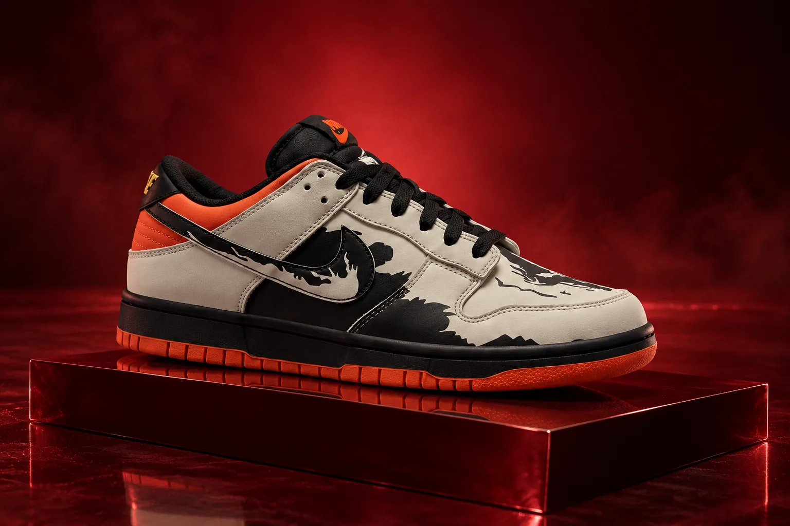 K9 Kicks Dunk Low in a dark red studio scene